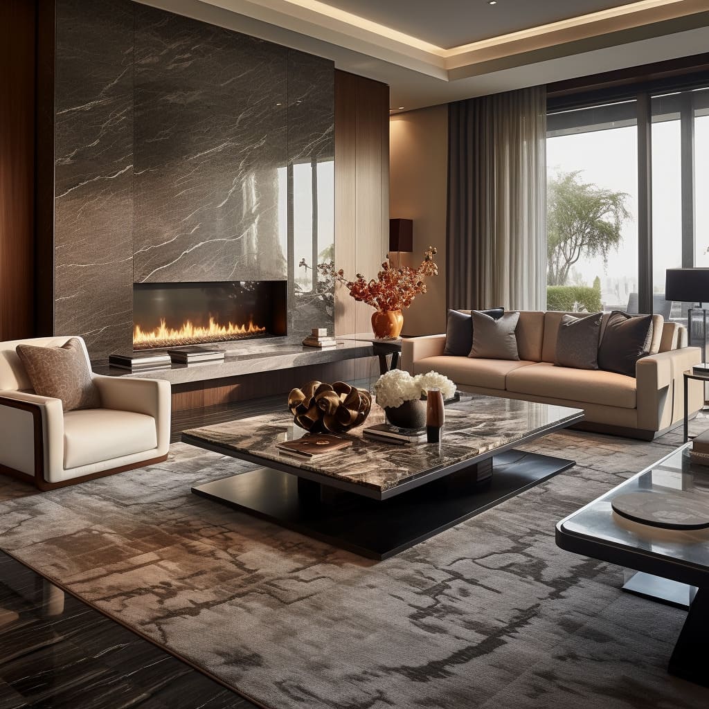 Bespoke stone design takes center stage in the sitting, showcasing the artistry of the space
