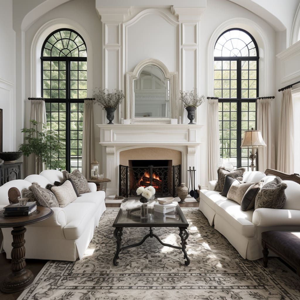 Classical furniture and a neutral color scheme establish the inviting ambiance of this American Classical living room.