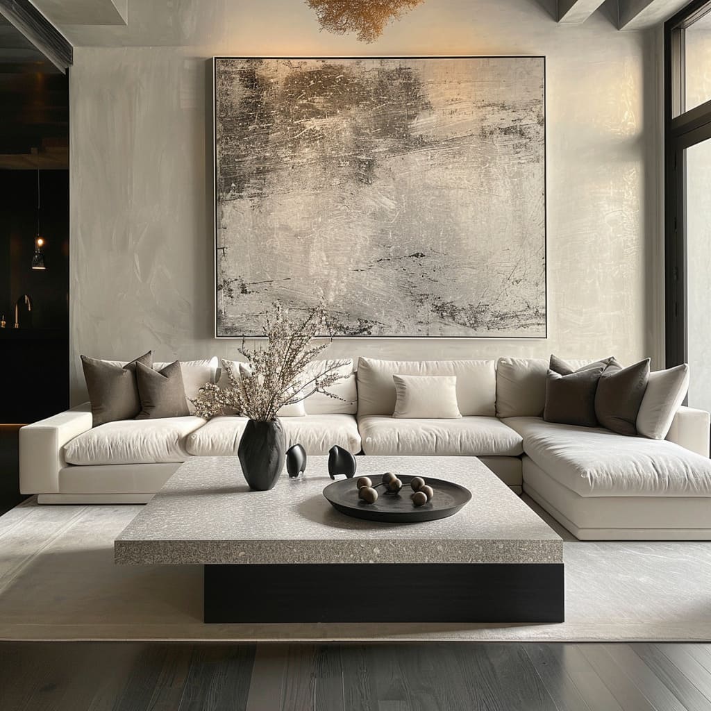 Clean lines dominate the living room's design, creating an elegantly simple and uncluttered space