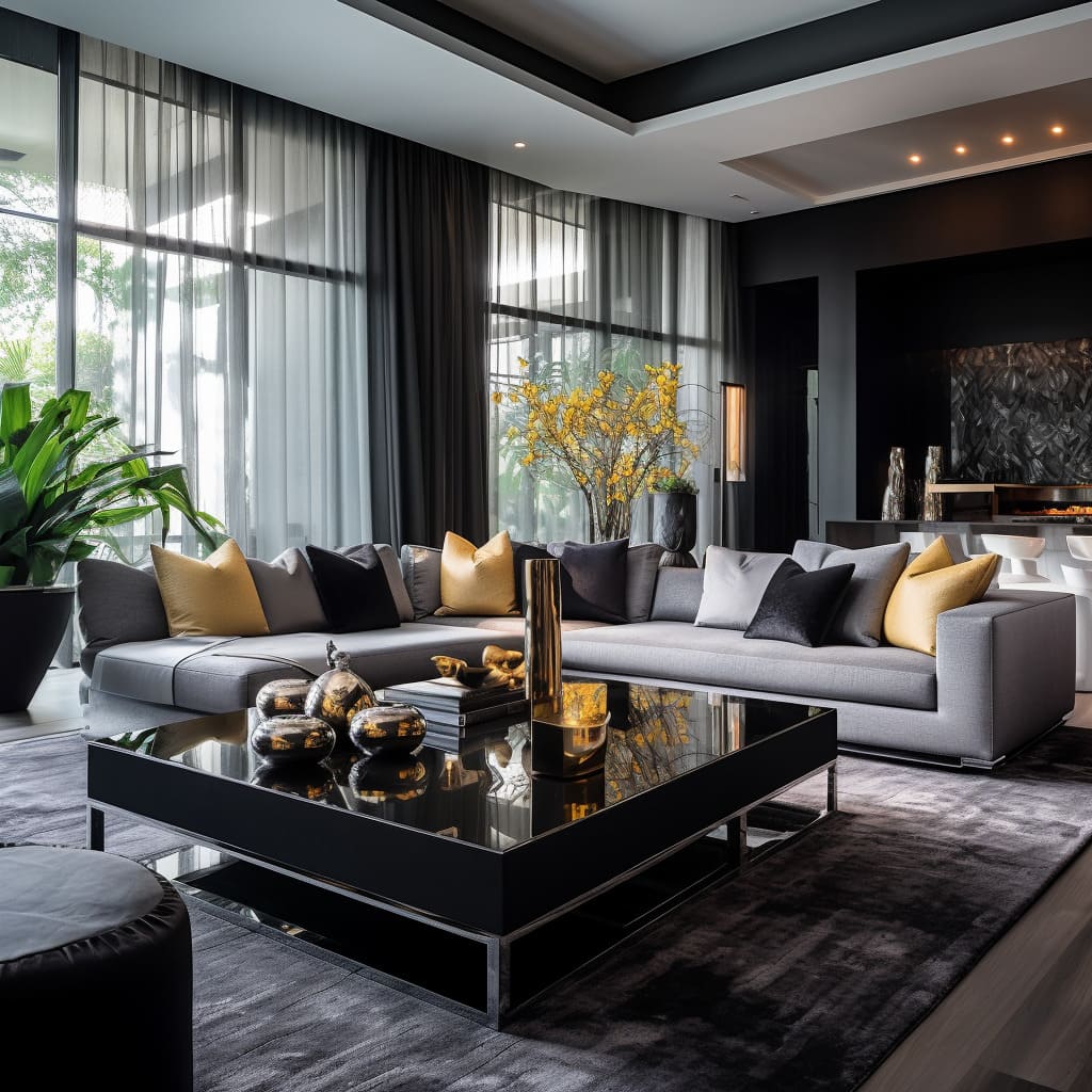 Cohesive family room design elements create an elegant living space with neutral tones