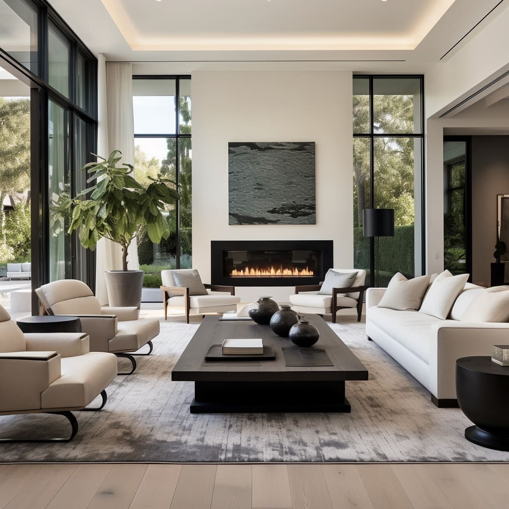 Contemporary art pieces add a burst of emotion and creativity to this stylish living room