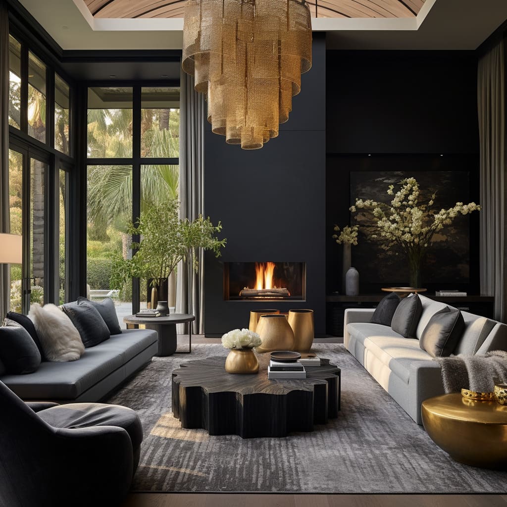 Almost black and luxurious, this California-style living room is the epitome of elegance.