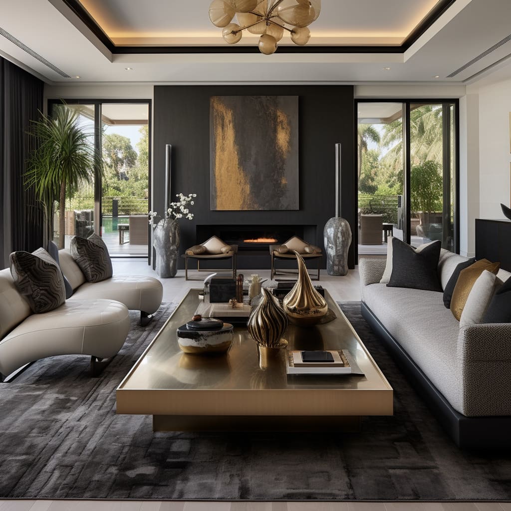 Dark colors and bold brass details make this living room a haven of luxury.