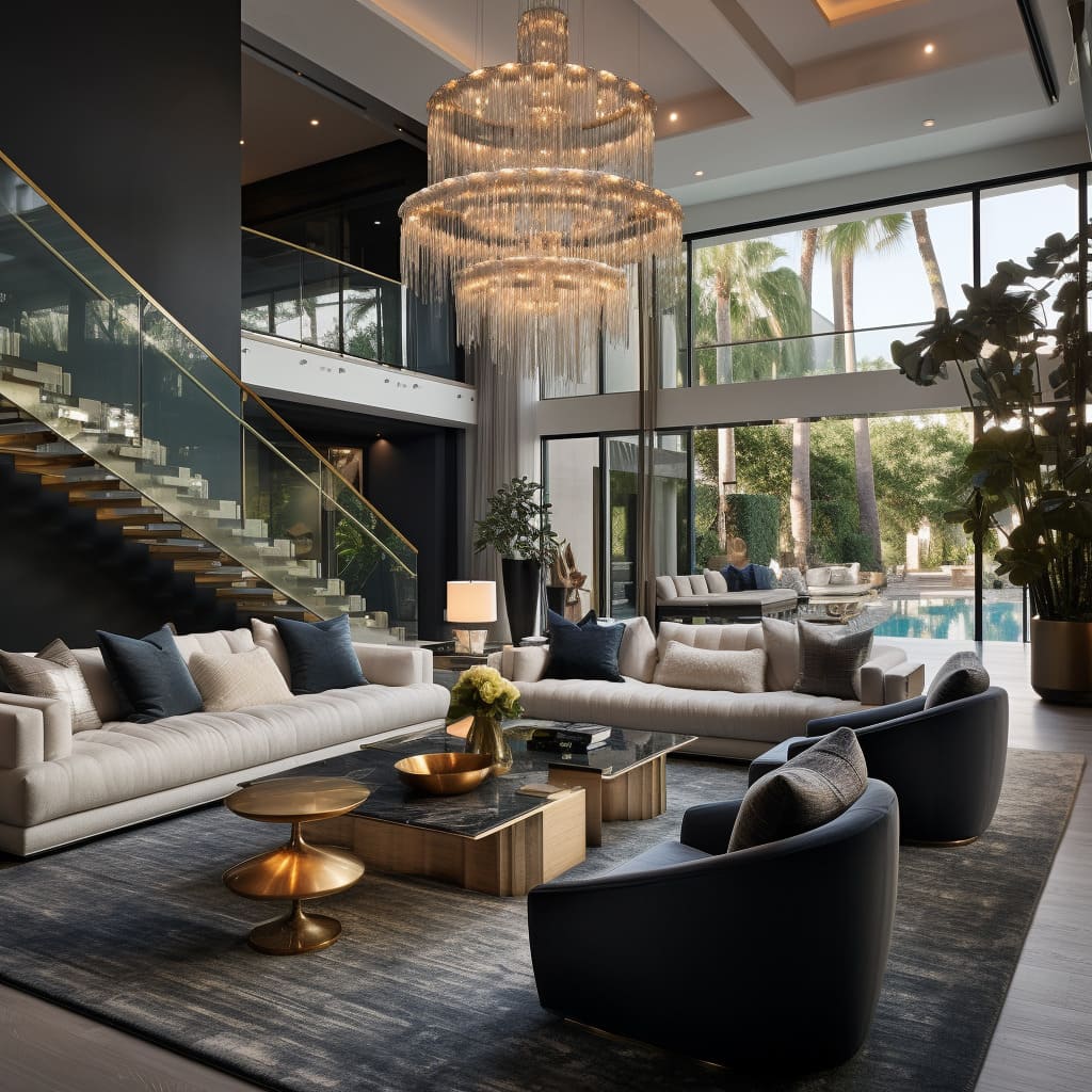 Deep hues and brass decor create a captivating living room experience.