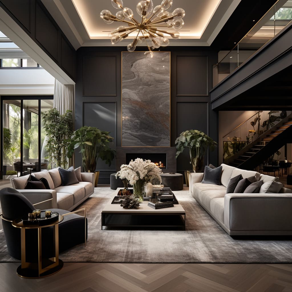 Dark hues dominate the living room's decor, creating a sense of modern luxury.