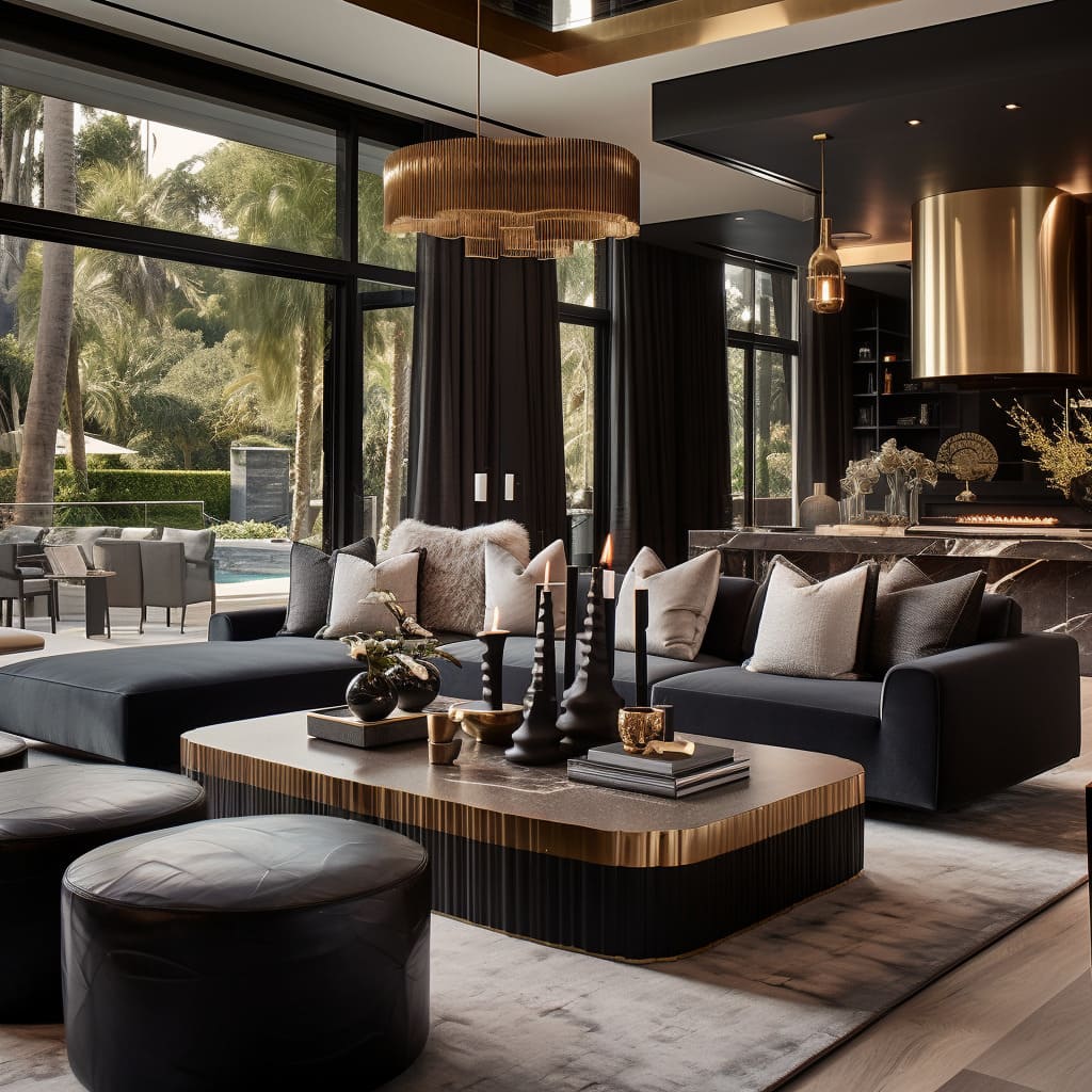 Dark interior design elements and brass decor create a visually striking living room.