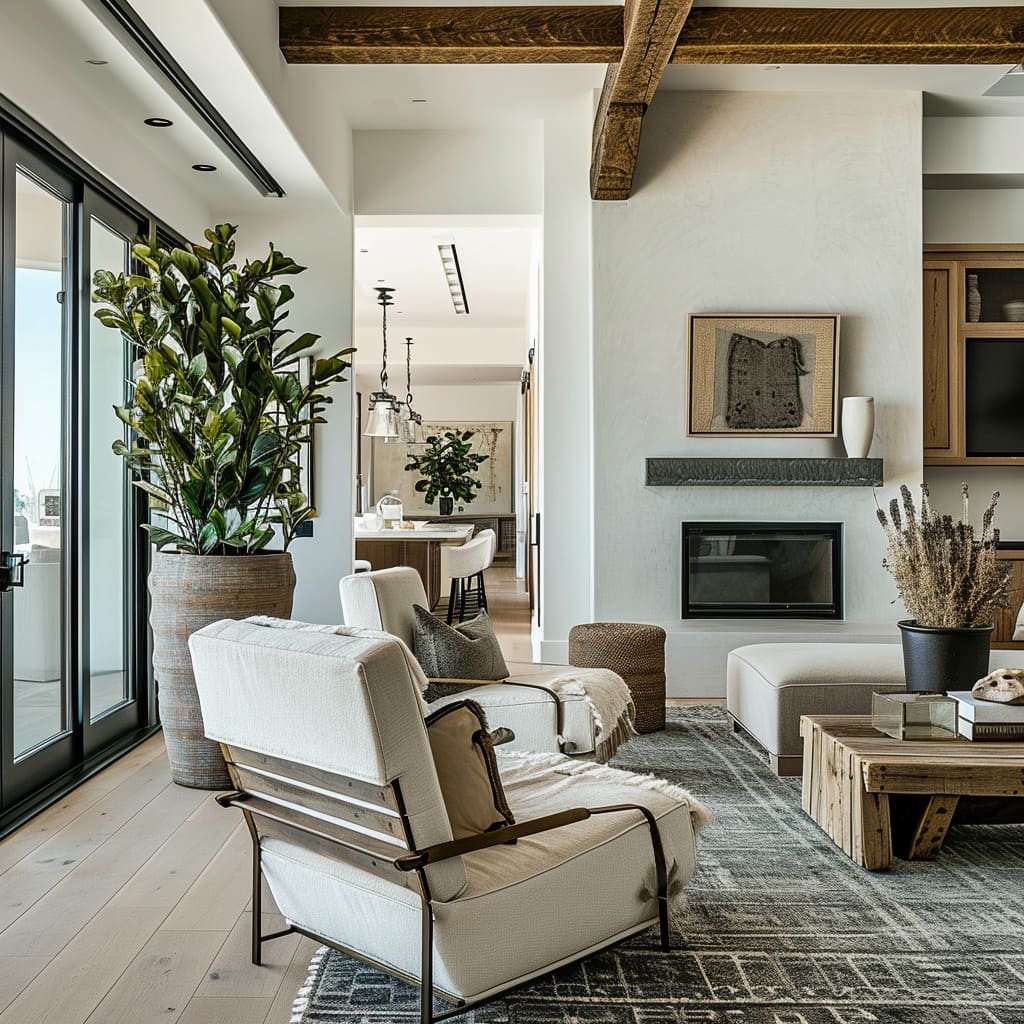Earthy tones and layered rugs create a welcoming environment in the living room
