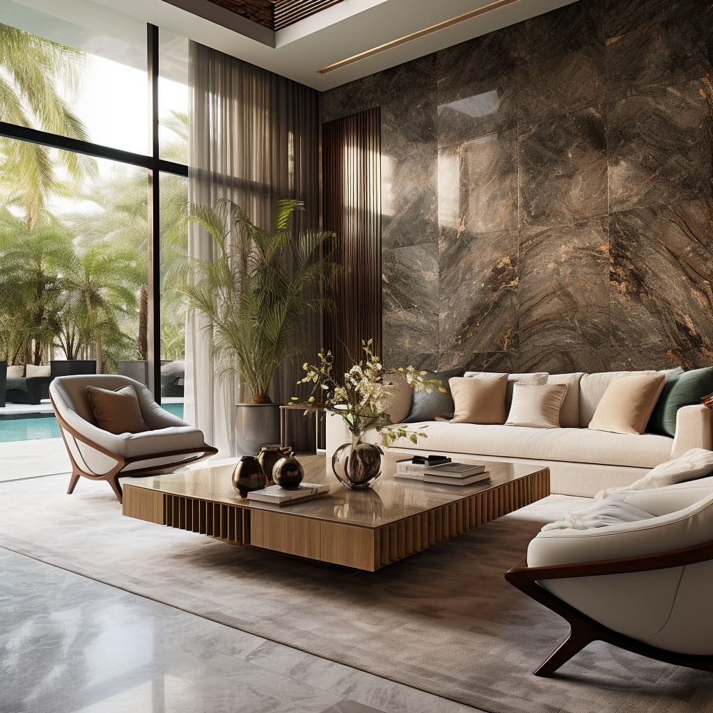 Elegant furnishings and designer decor pieces complement the natural stone accents in the living room