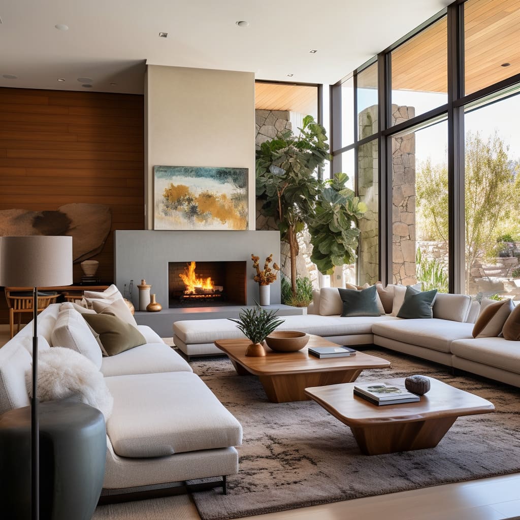 Every aspect of this living room, from furniture to decor, is thoughtfully chosen, creating a refined and practical space that transcends mere aesthetics.