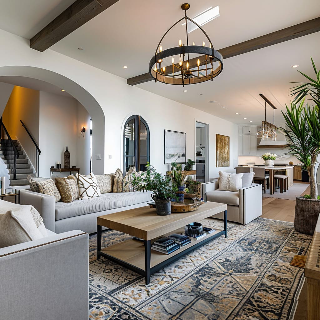 Exposed beams and artisan lighting create textural interest in the space