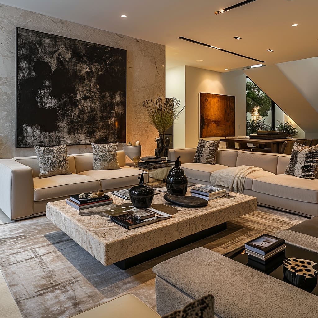 Flooring adorned with natural stone lends an air of opulence to the living room