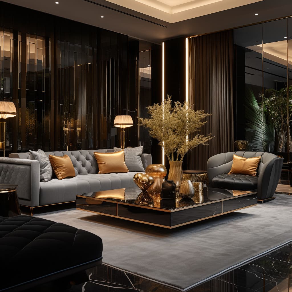 Glossy elements and symmetry in design create visual rhythm in this luxurious interior