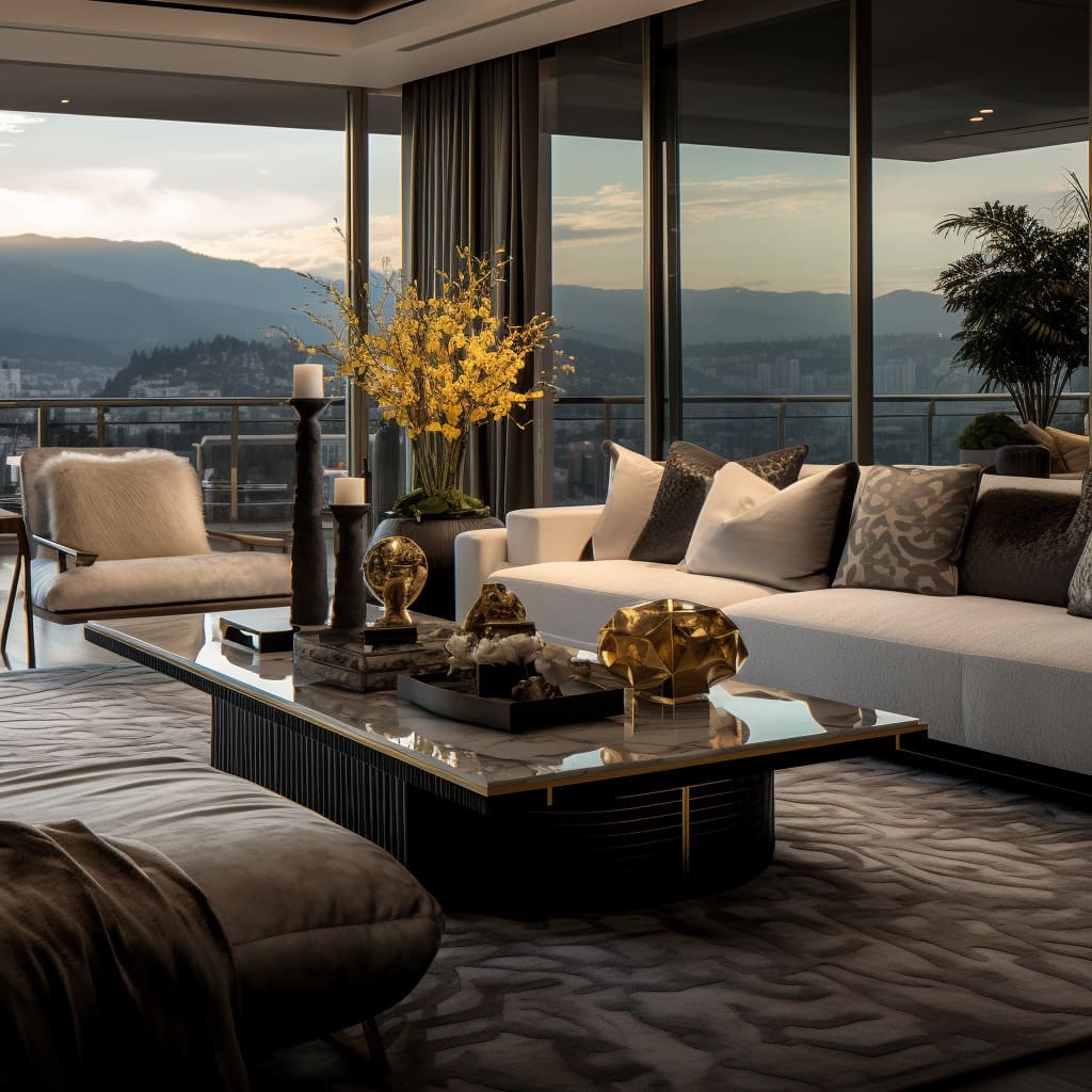 Grandeur and intimacy in this stylish penthouse living room adorned with opulent decor