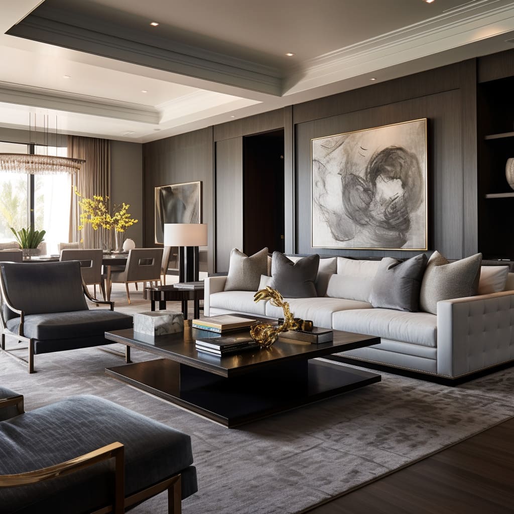High-end living area design elements add to the refined decor and emphasize natural light