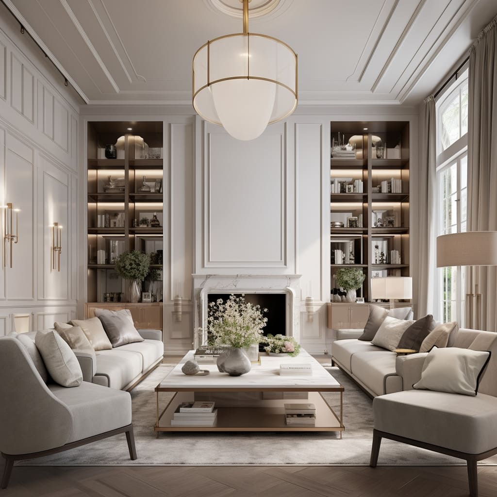 In the large lounge, timeless interiors create a cozy elegance with modern classics