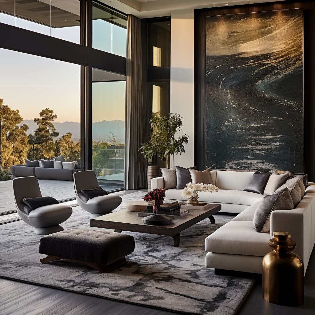 In the luxury sitting room of this modern residence, cutting-edge furnishings and avant-garde decor create an impressive and inviting parlor.