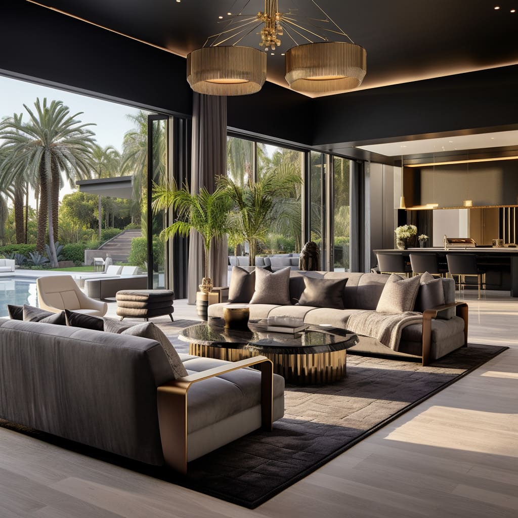 In the opulent living room of this grand house, contemporary design and modern furnishings blend seamlessly to create a high-end and lavish environment.