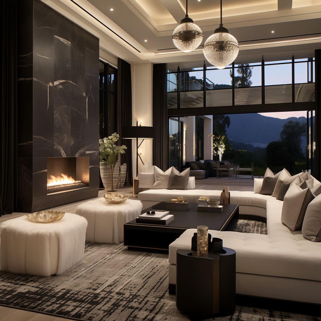 In the opulent living room of this grand house, modern furnishings and extravagant decor combine to create an elegant and high-end environment.