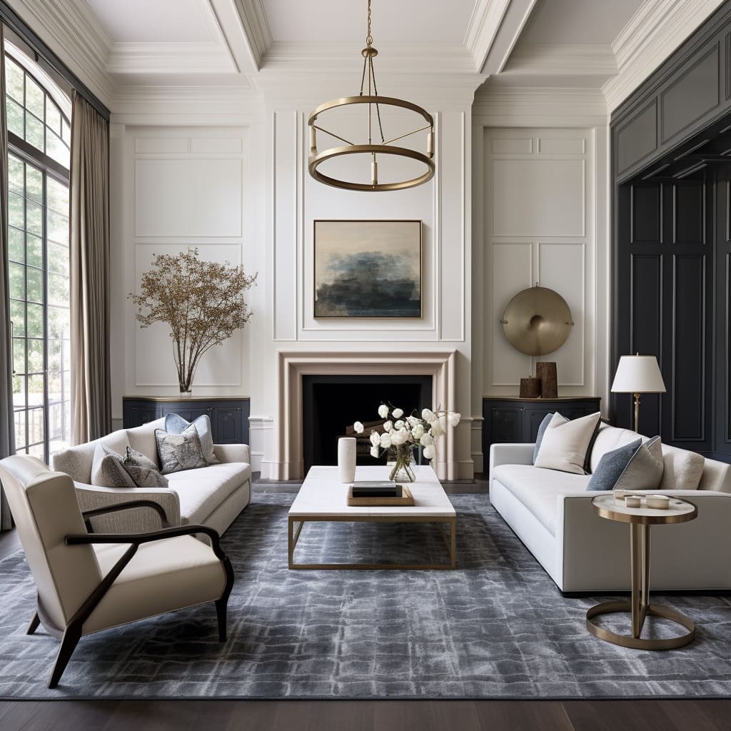 In the sitting room, the sofa and coffee table create a cohesive look with complementary finishes
