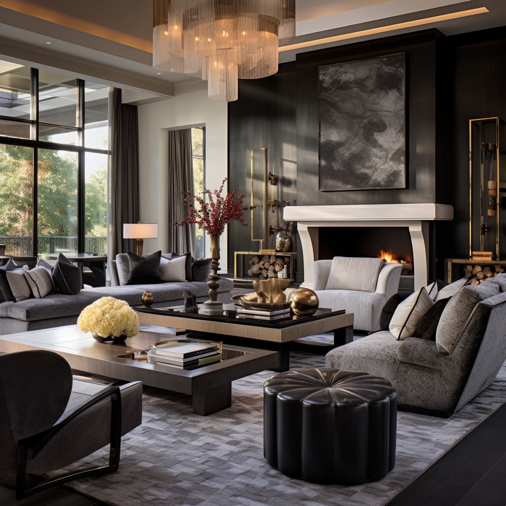 In this Los Angeles-style home, the living room showcases contemporary elegance.