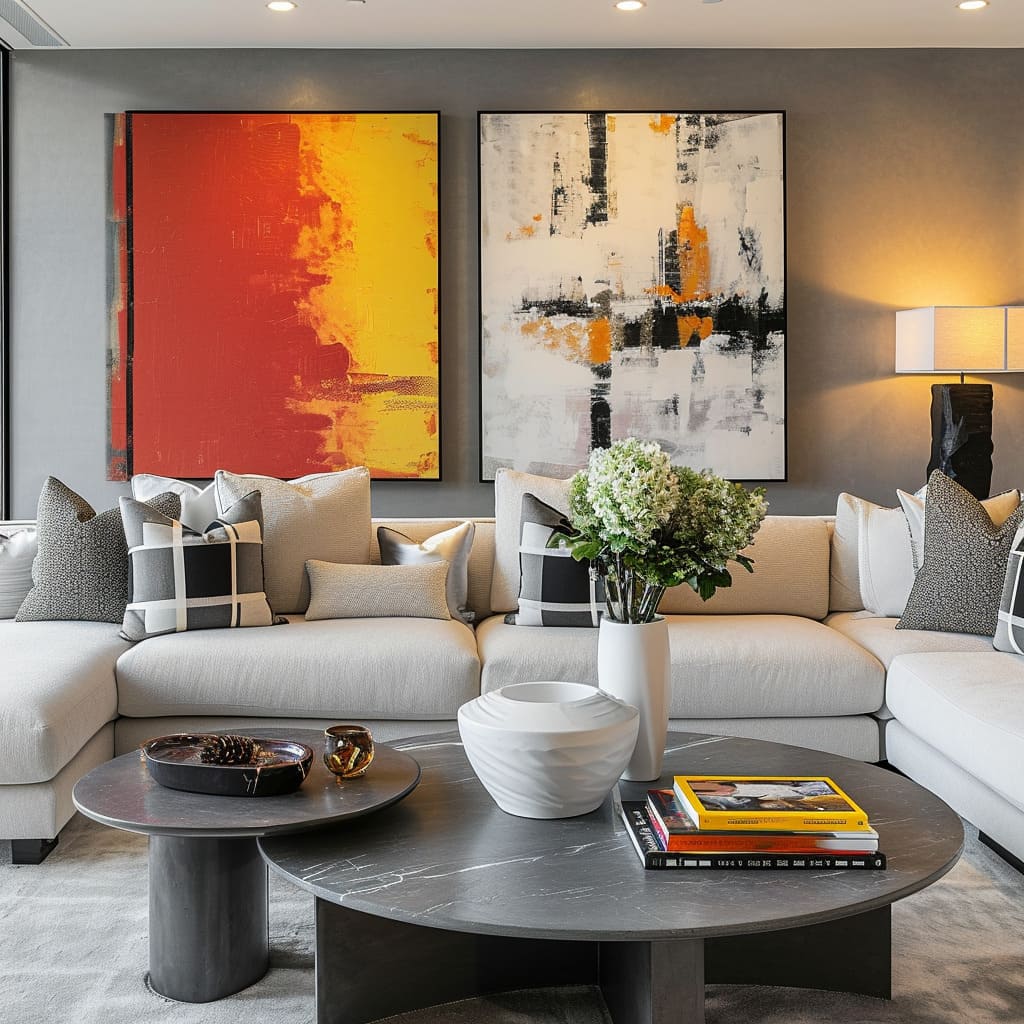 In this contemporary living room, neutral tones create a serene ambiance, complemented by bright accents through artworks and cushions