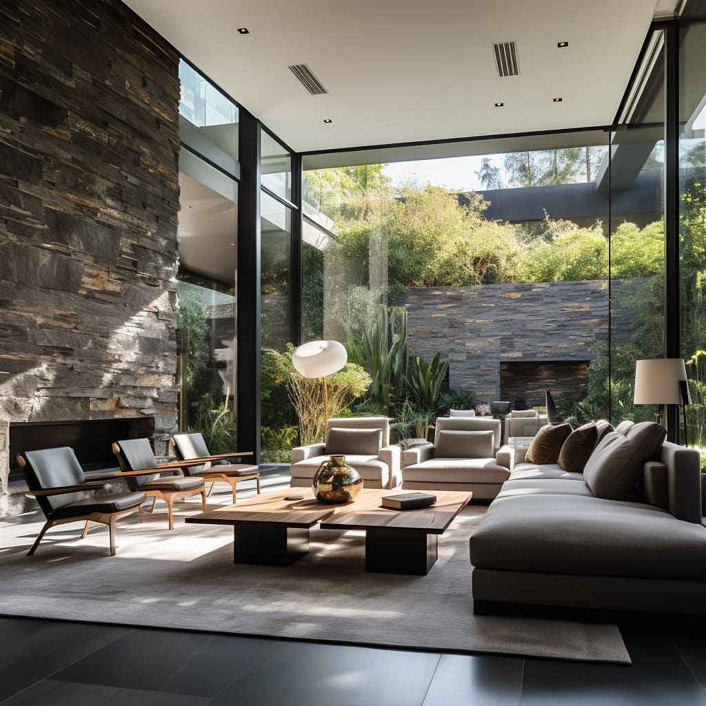 In this high-end villa, the living room's interior design incorporates stone surfacing to bring the outdoors inside