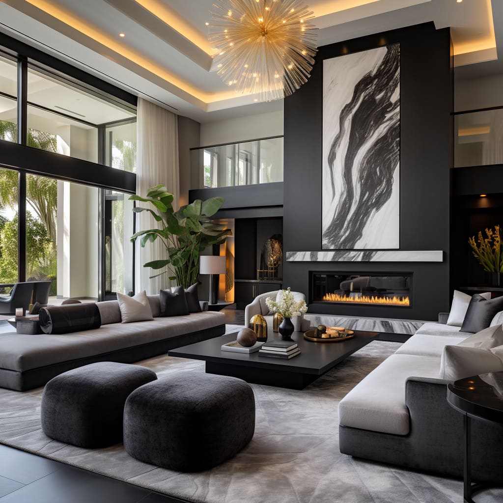 In this large house's modern living room, the emphasis on stylish furnishings and cutting-edge decor creates an impressive and inviting space.