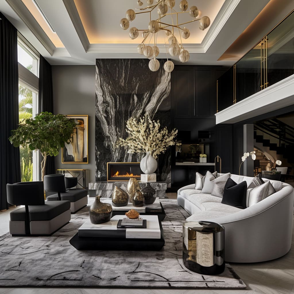 In this luxury residence's modern sitting room, the emphasis on stylish furnishings and progressive decor creates an impressive and inviting space.