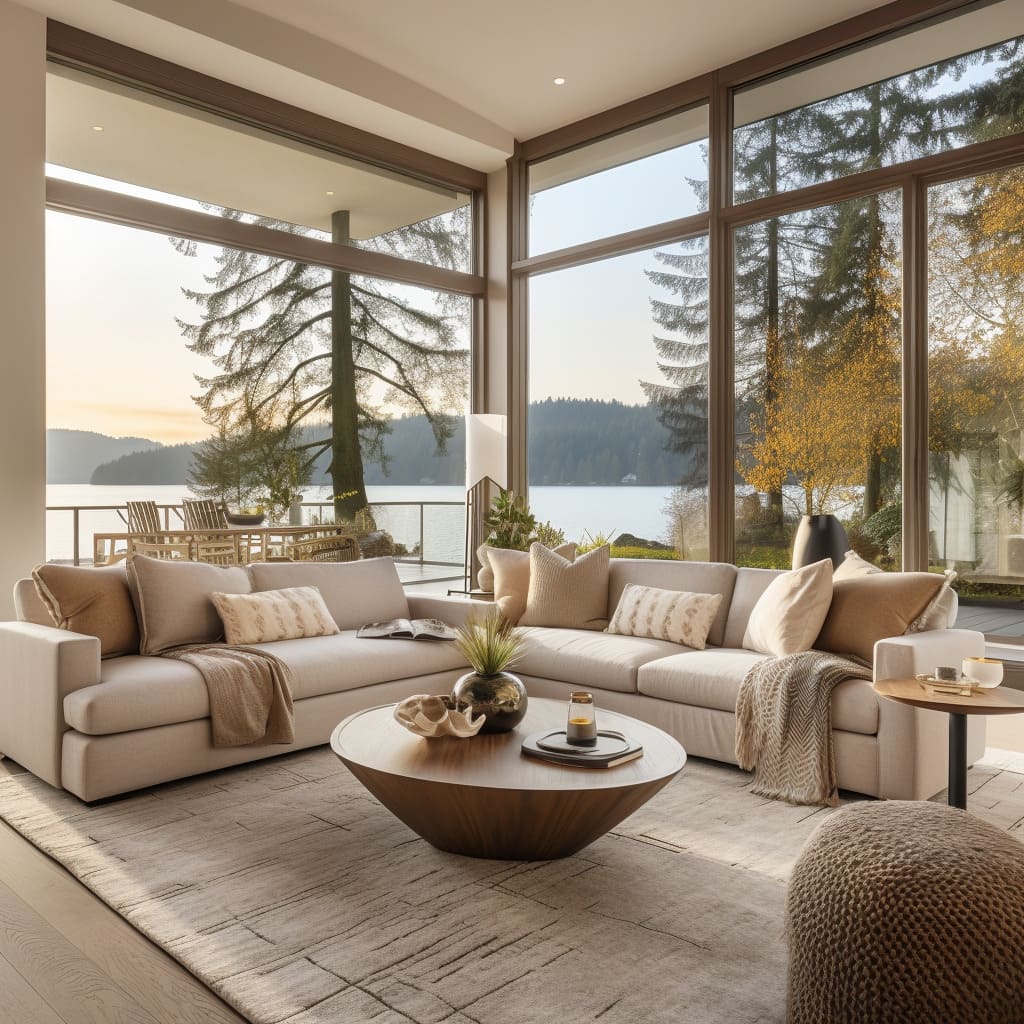 In this modern house, the living room features simple decor and neutral tones, embodying a tranquil lakeside vibe.