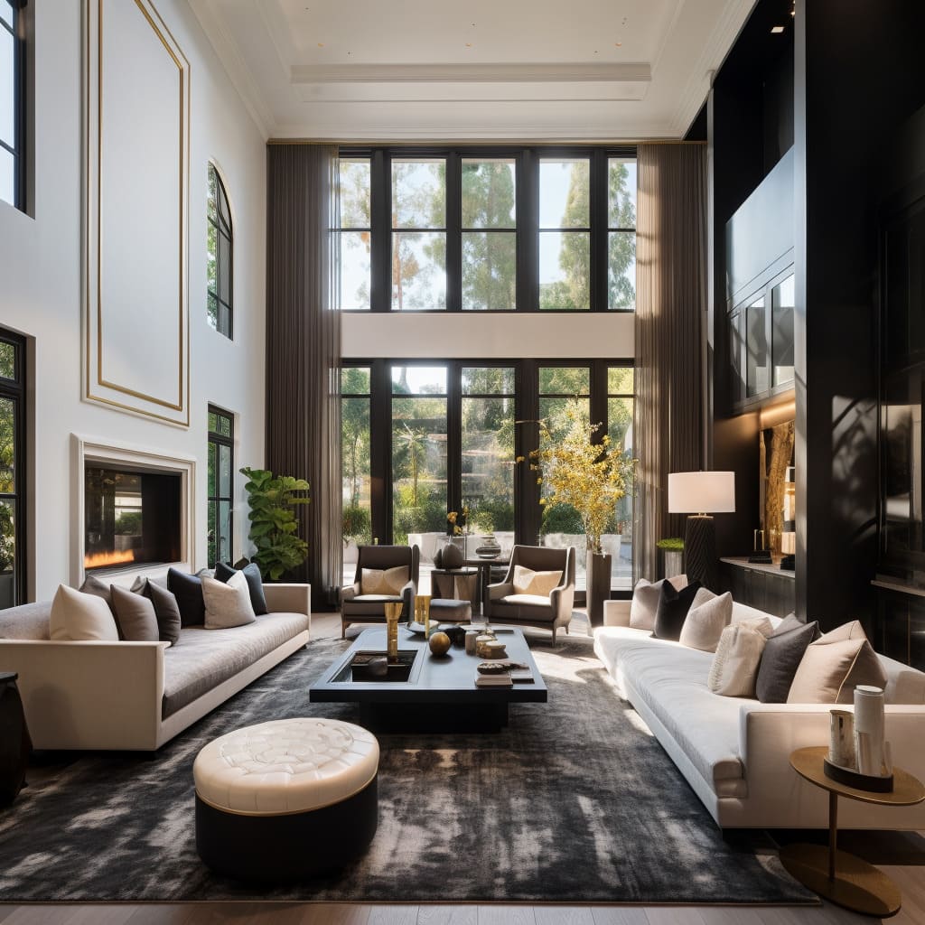 In this opulent living room, contemporary design elements seamlessly blend with luxurious furnishings to create an upscale gathering space