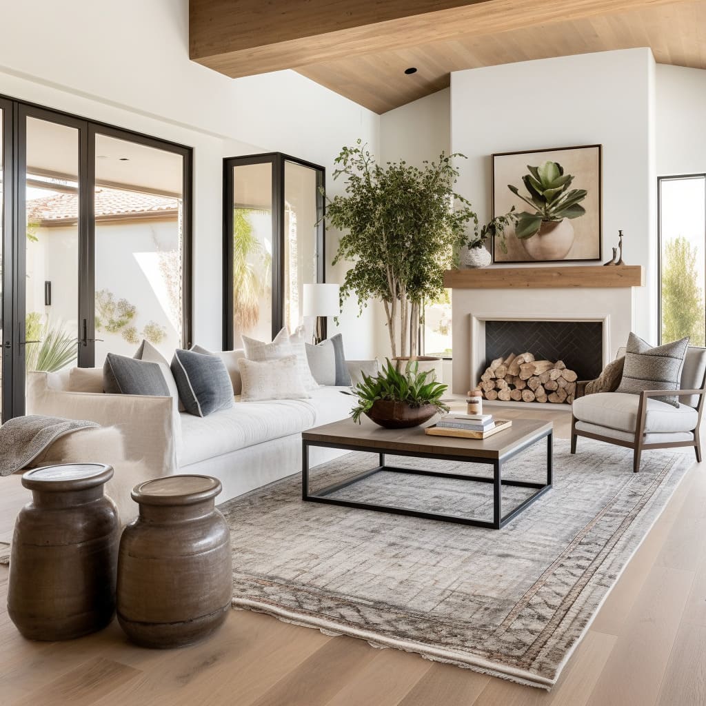 Interior Elements in the living room include distressed wood and soft, neutral fabrics, true to farmhouse style