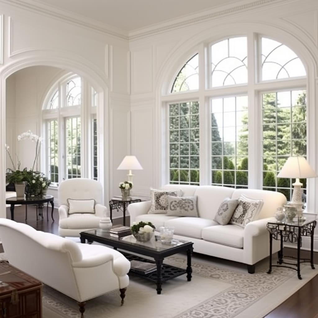 Large windows and a neutral color palette define the character of this American Classical-style living room.