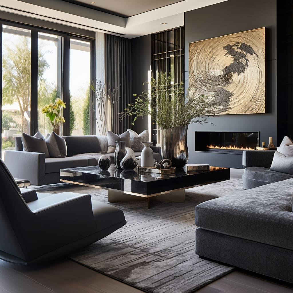 Living room interior trends are followed with a gray palette and contemporary luxury