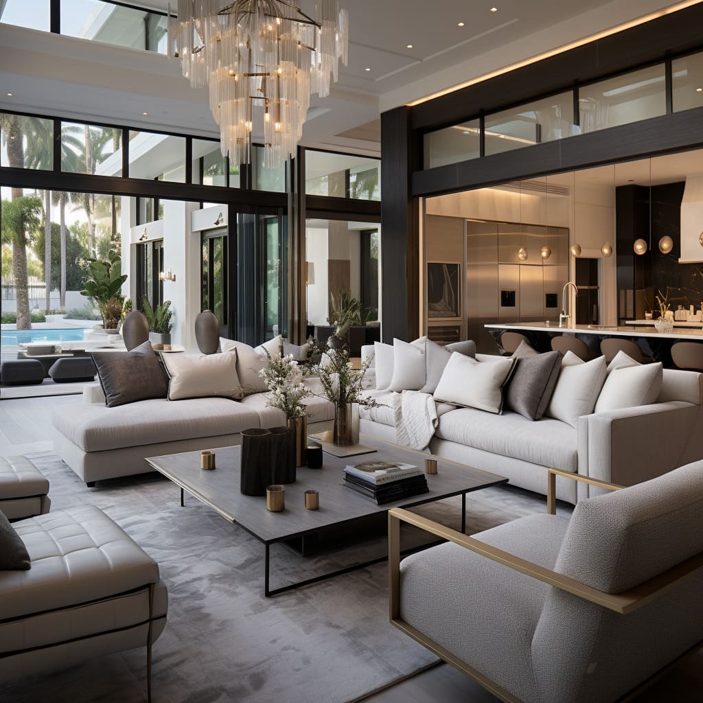 Lux ambiance envelops this sophisticated family room, boasting spatial elegance