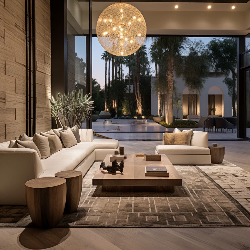 Lux travertine opulence graces the family space, reflecting the latest interior design trends