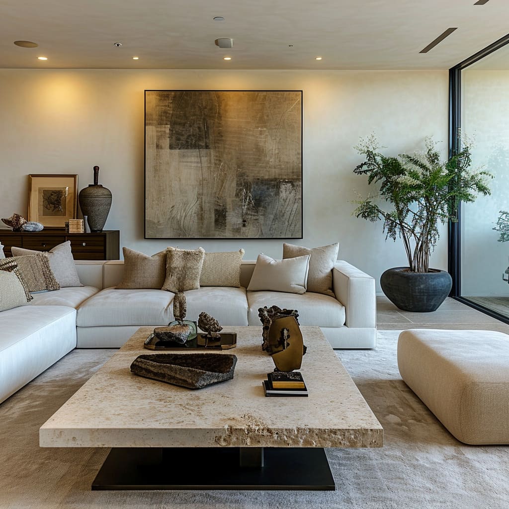 Luxurious ambiance is the hallmark of this living room, with its artistic interiors and opulent decor