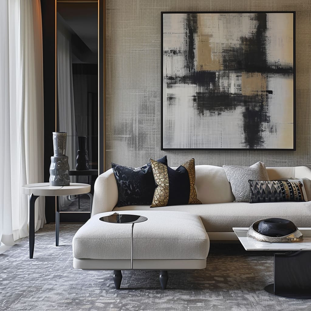 Luxurious minimalism takes center stage in the living room, where simplicity meets opulence in a striking balance