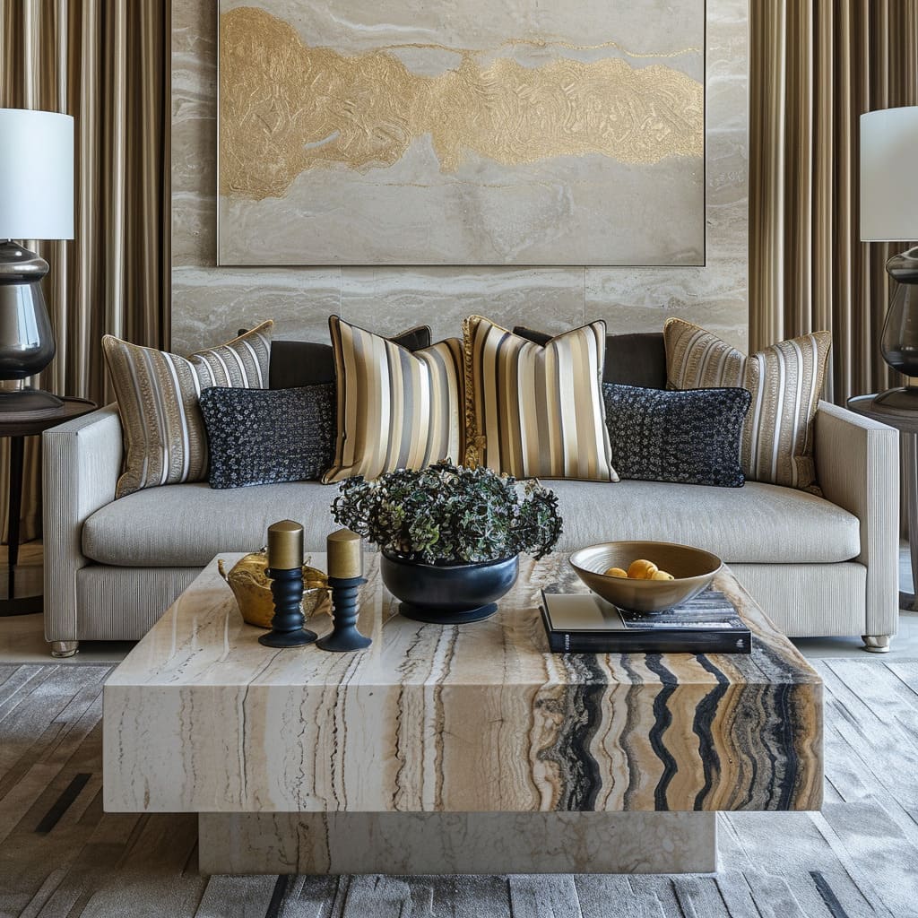 Luxurious textures like velvet and silk add a touch of opulence to the family room's decor