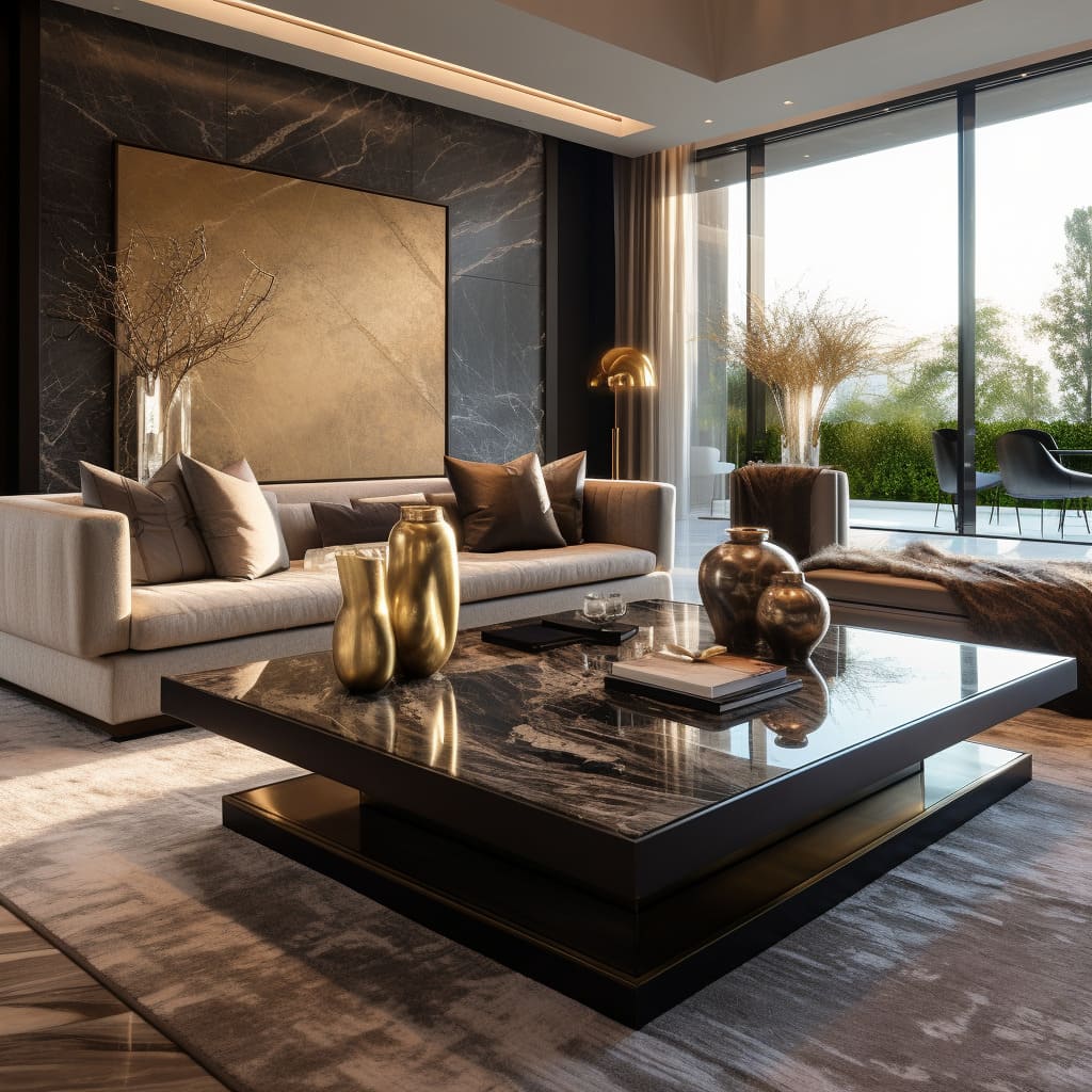 Luxury interior design is at its finest in this living room, where marble elegance and granite sophistication reign supreme