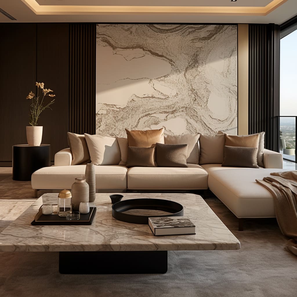 Luxury interior design is evident in every corner of this living room, where marble elegance takes center stage