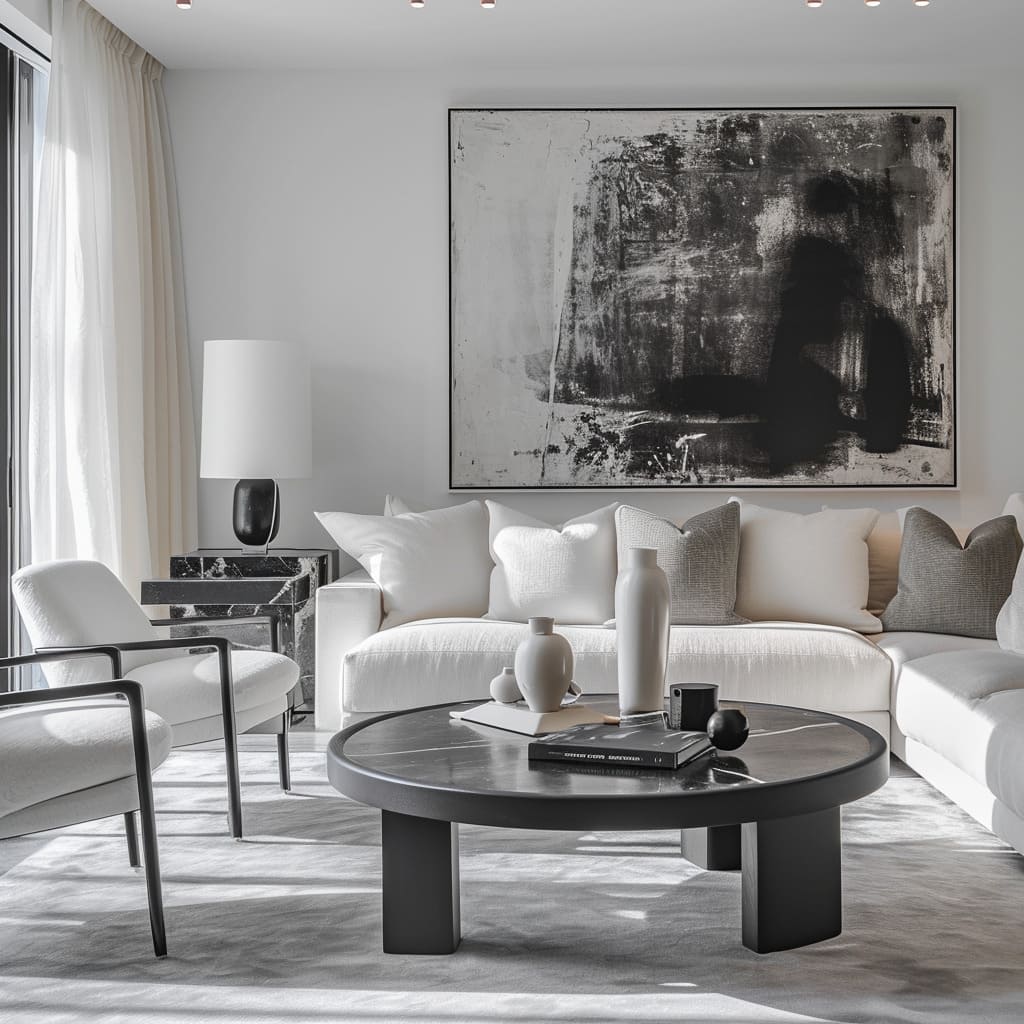 Minimalist decor in the family room exudes a quiet sophistication, making a statement with its uncluttered grace
