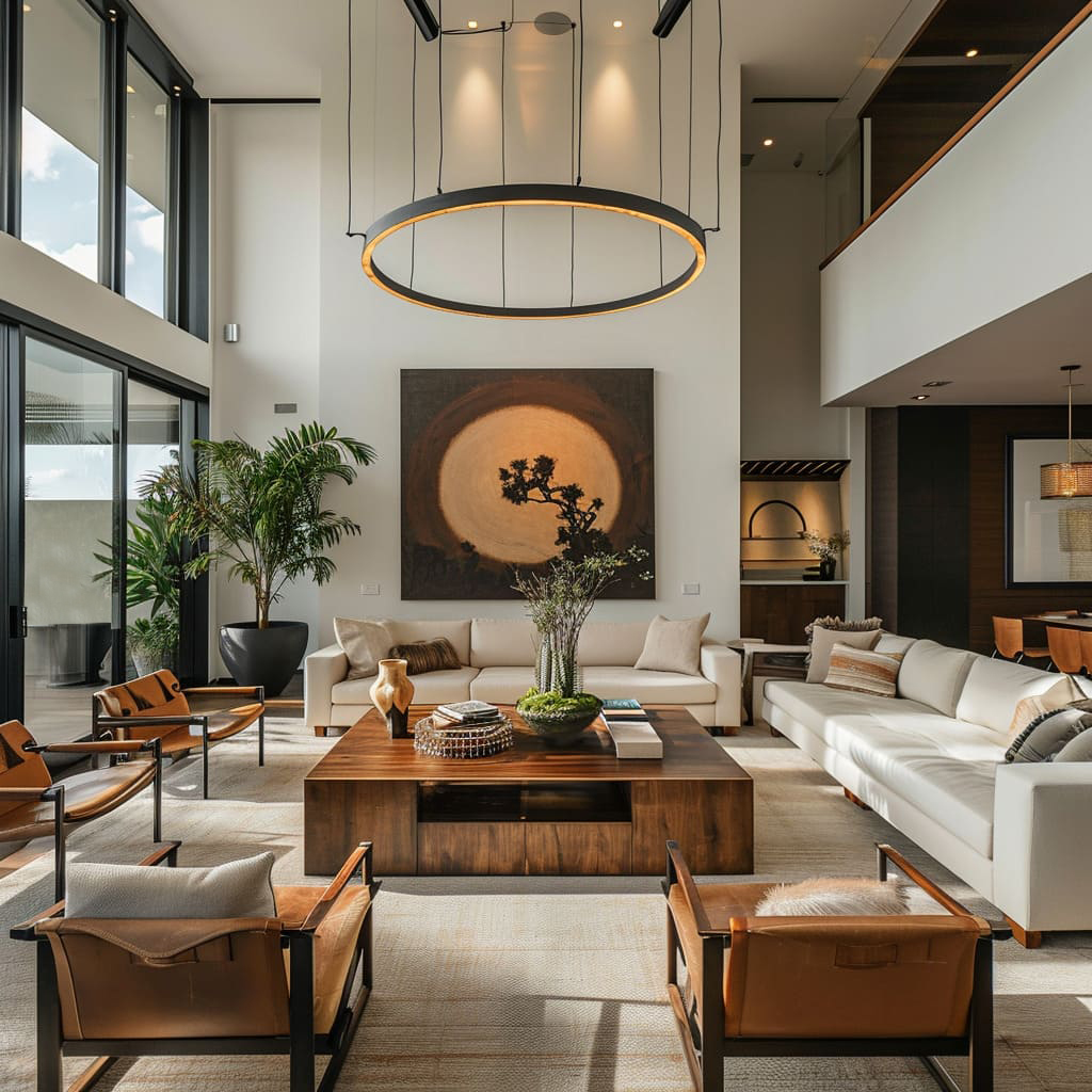 Minimalist furniture and clean lines define the design aesthetics of this modern American lounge area