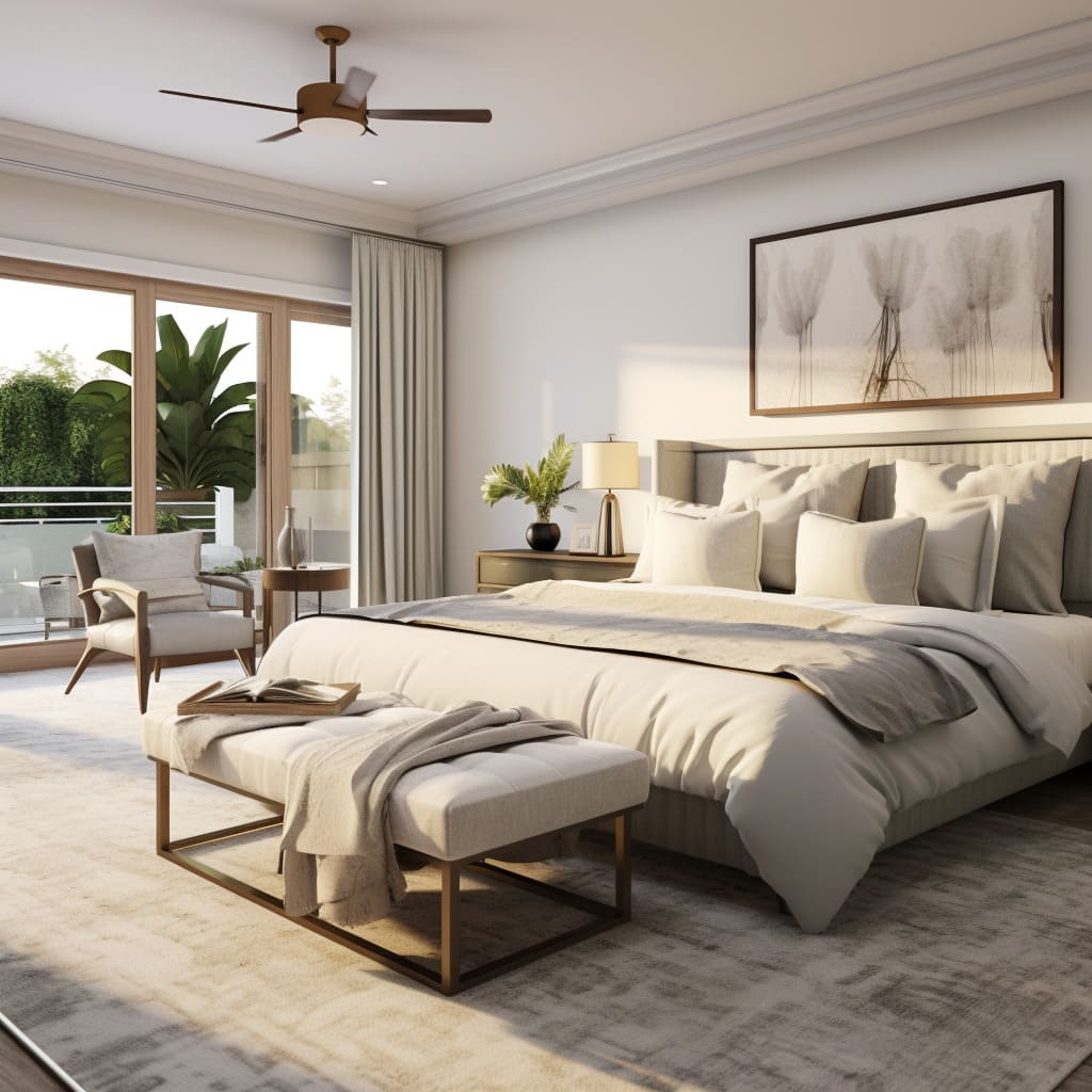 Modern and sleek, this bedroom design features clean lines and minimalistic decor.