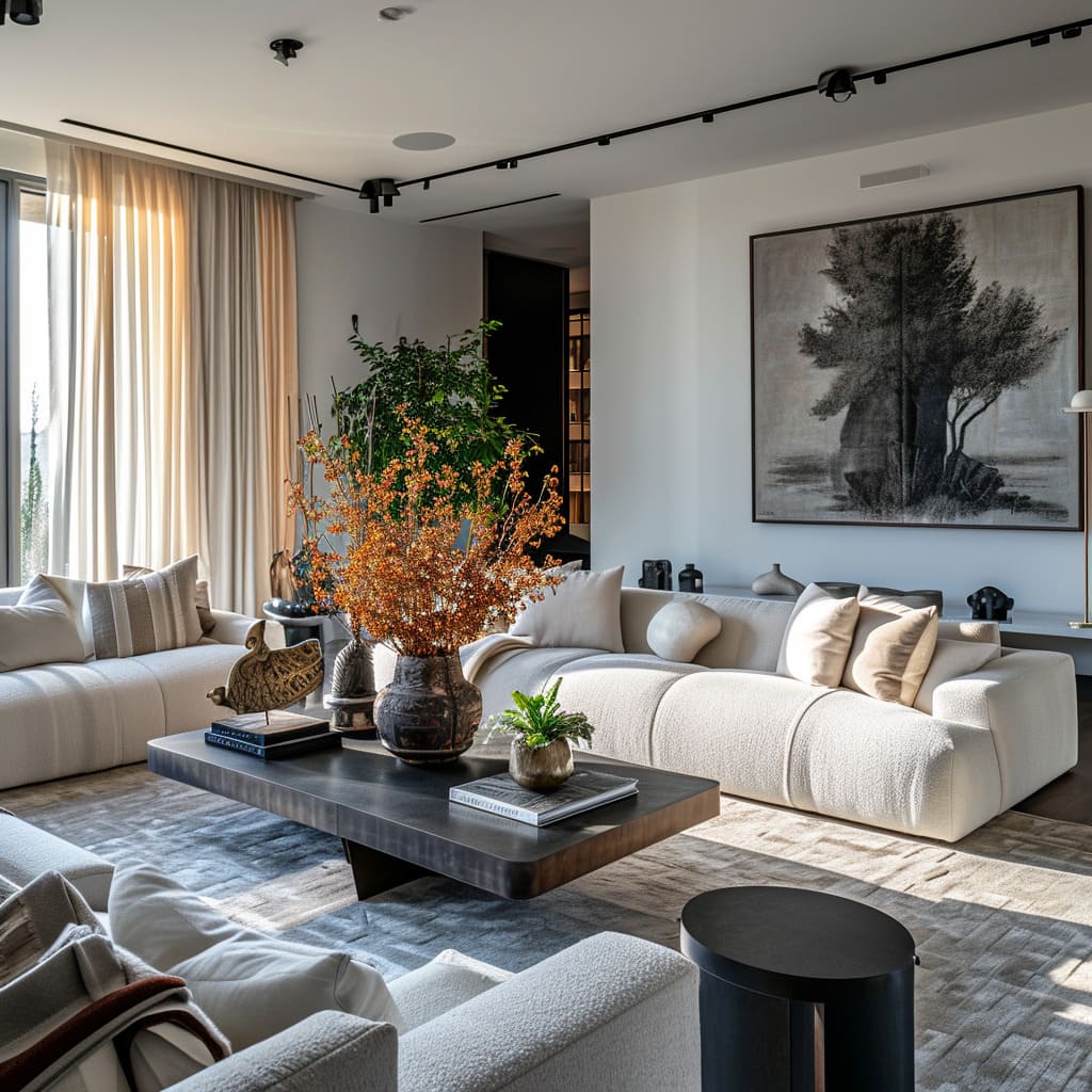 Modern elegance is the hallmark of the living room, where contemporary lines meet minimalist sensibilities
