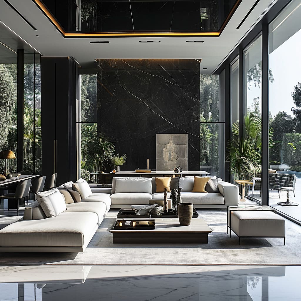 Monochromatic design meets luxe minimalism in this space, showcasing streamlined furniture and a tranquil ambiance