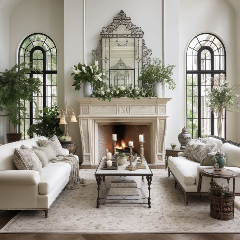 Muted shades join forces to shape the welcoming ambiance of this American-inspired living area.