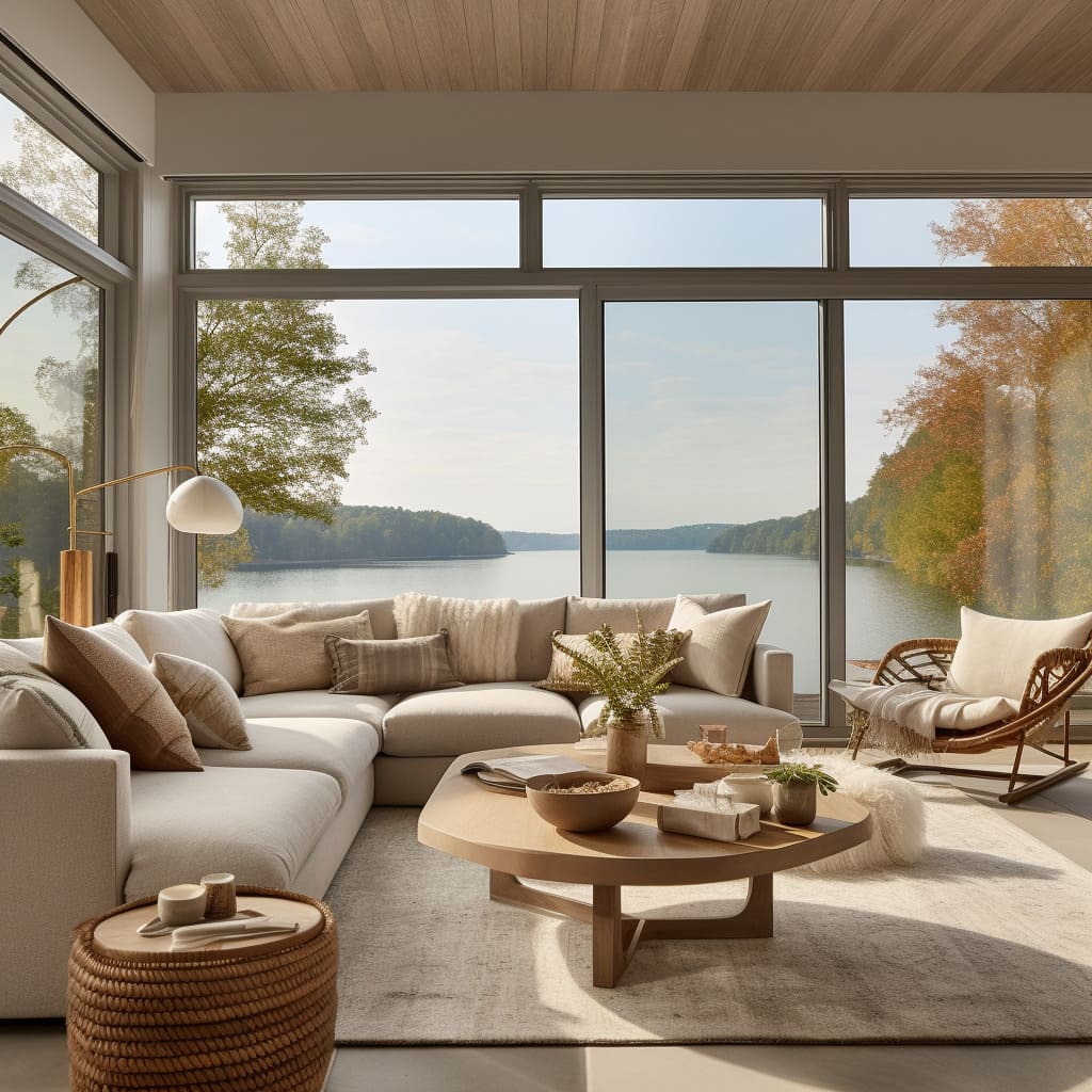Natural light floods the contemporary living room, enhancing its minimalist appeal.