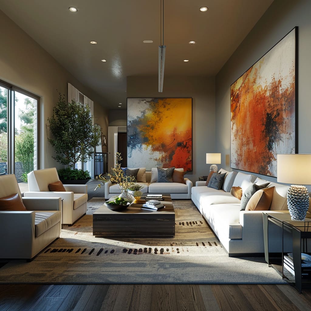 Natural light floods the living room, enhancing the beauty of the minimalist furniture and bold artwork