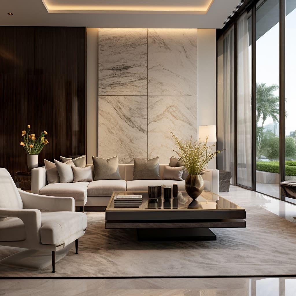 Natural textures in the living room design evoke a sense of high-end luxury