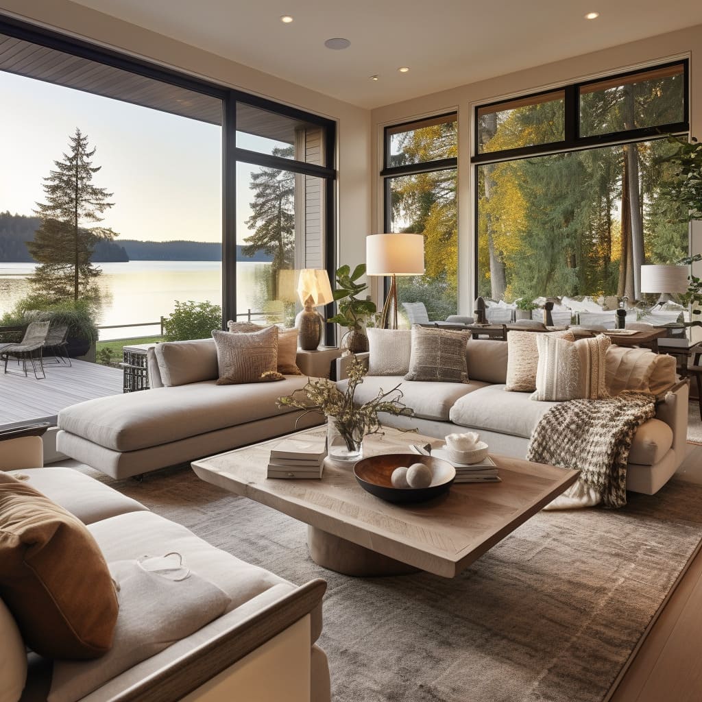 Neutral colors and simple decor in the living room create a serene, contemporary space.